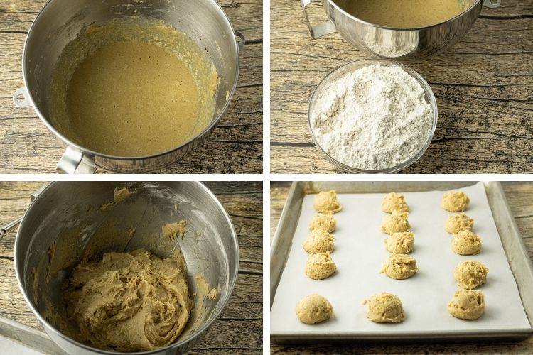 collage of steps to cook eggnog cookies