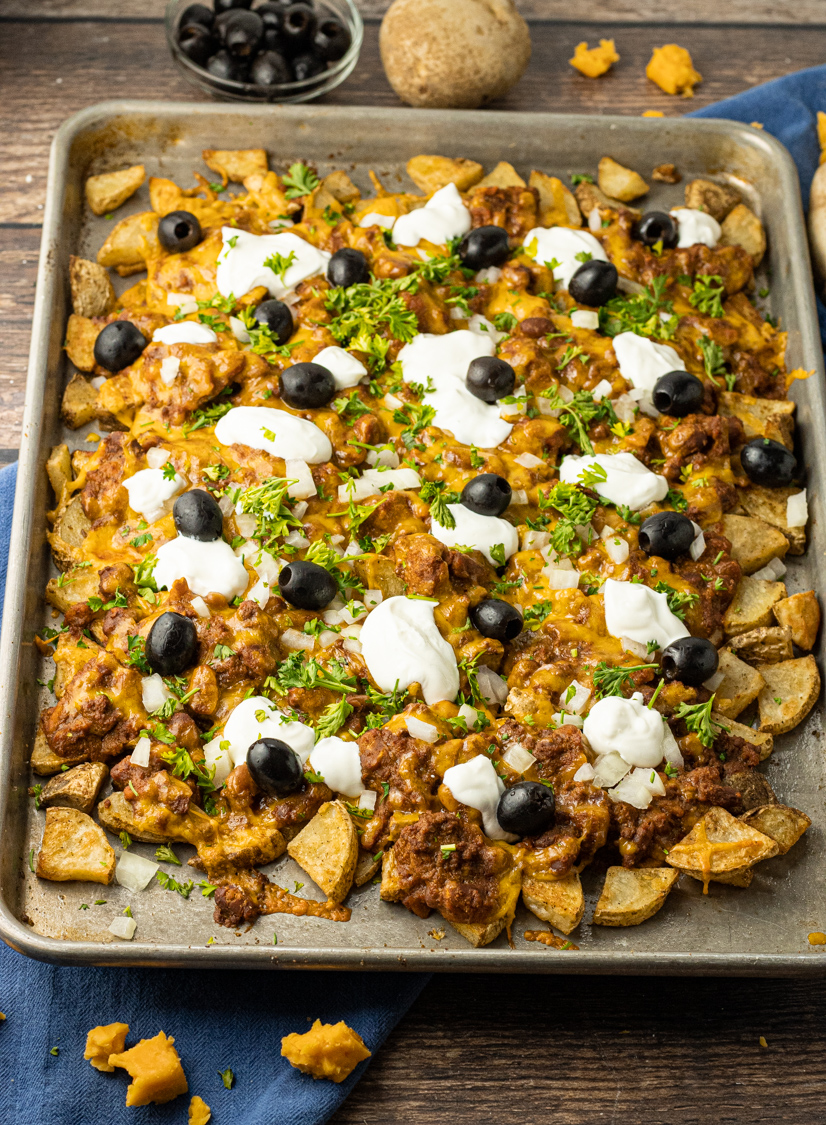 sheet pan of potato nachos