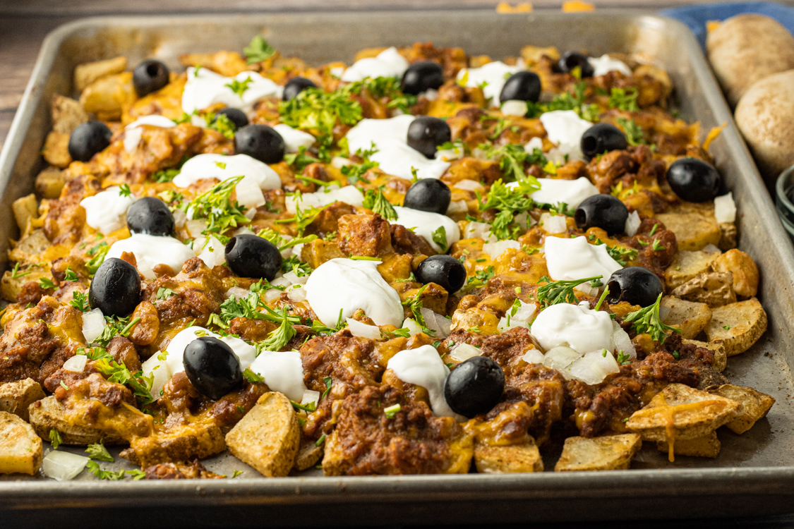 baking sheet filled with potato nachos