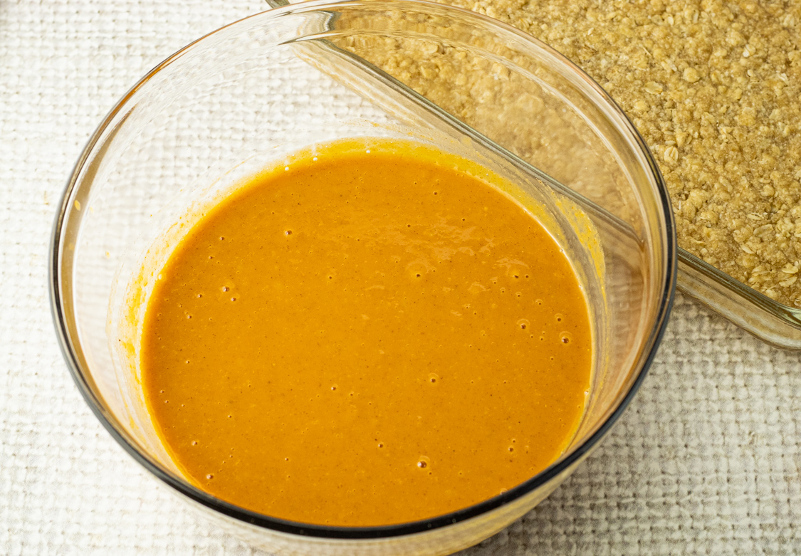 pumpkin pie filling in a mixing bowl