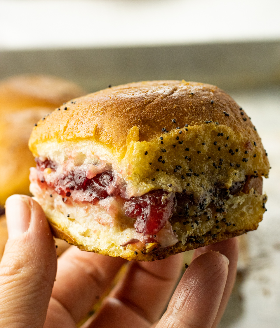 holding a turkey sandwich with cranberries and cheese