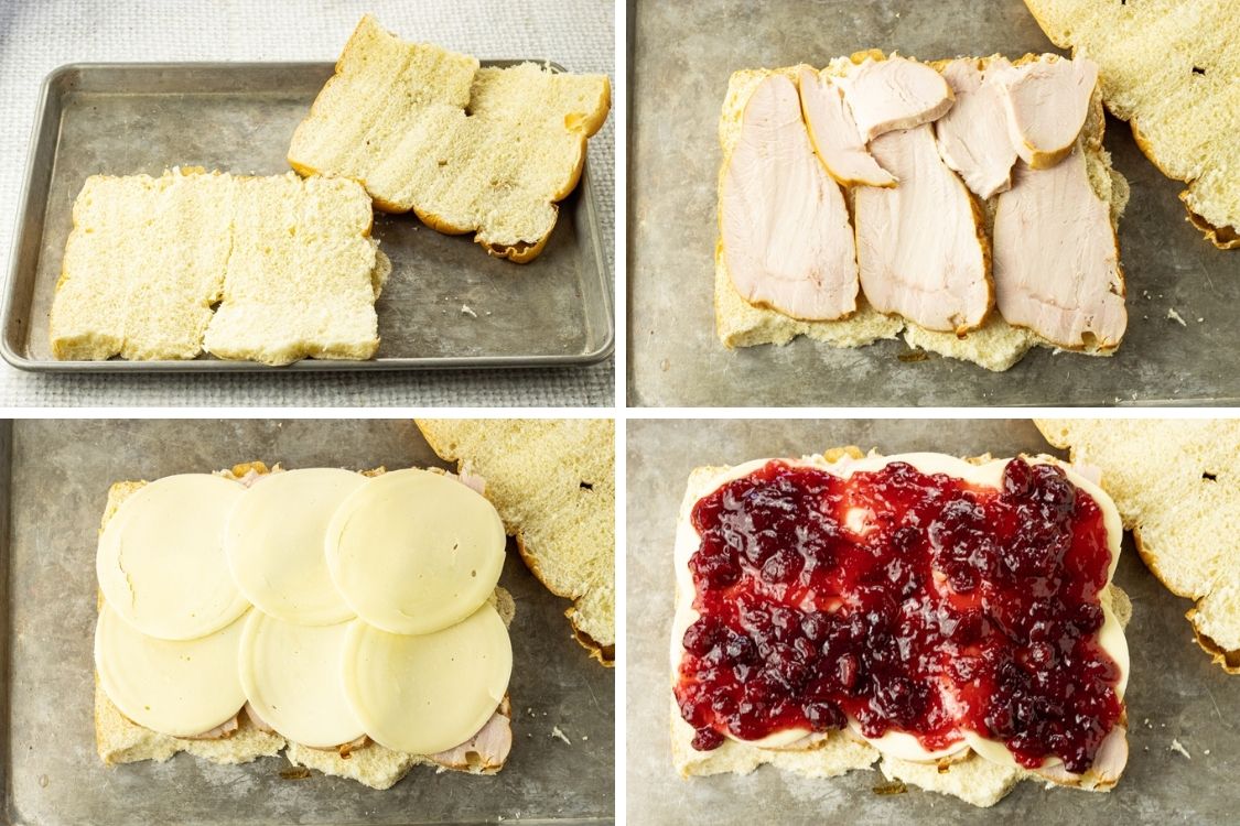steps to make sliders, slice rolls in half, add turkey, add cheese, add cranberries