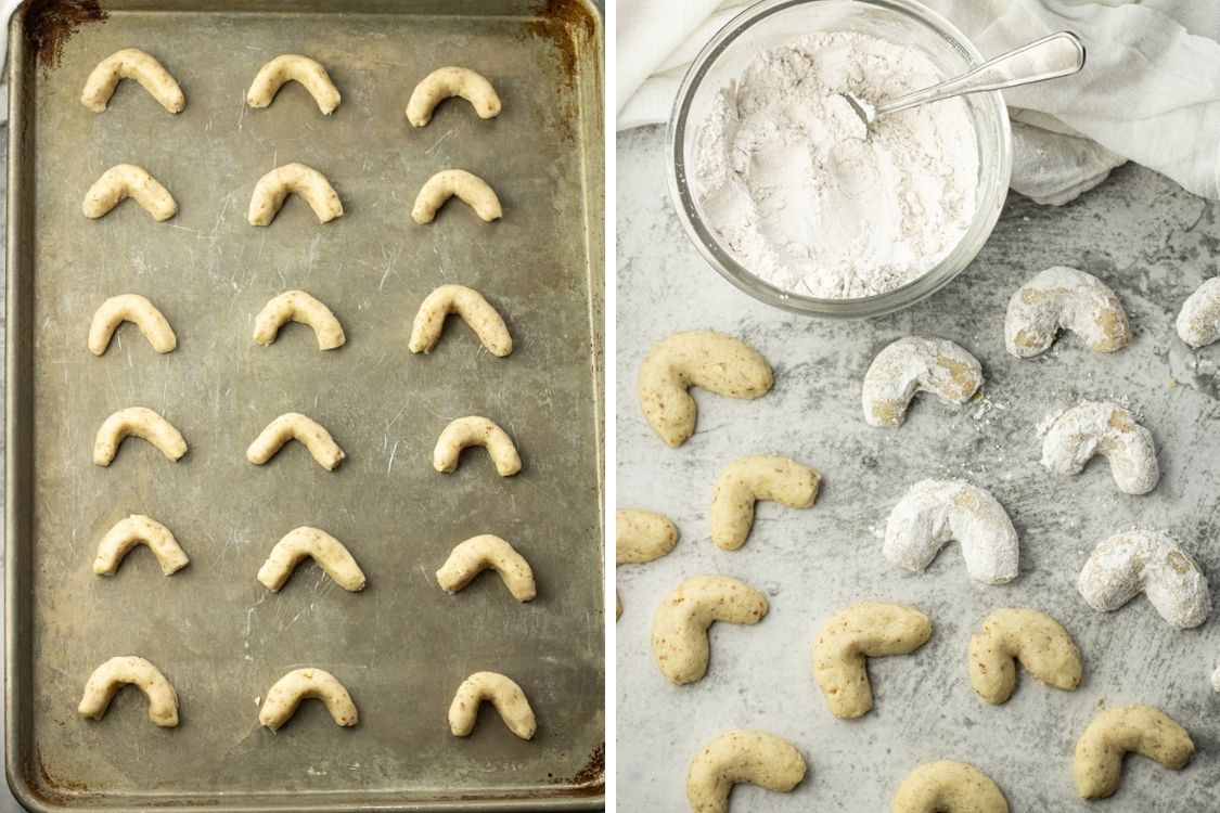 collage image on one side a baking sheet with unbaked cookies on one side and baked almond cookies on the other