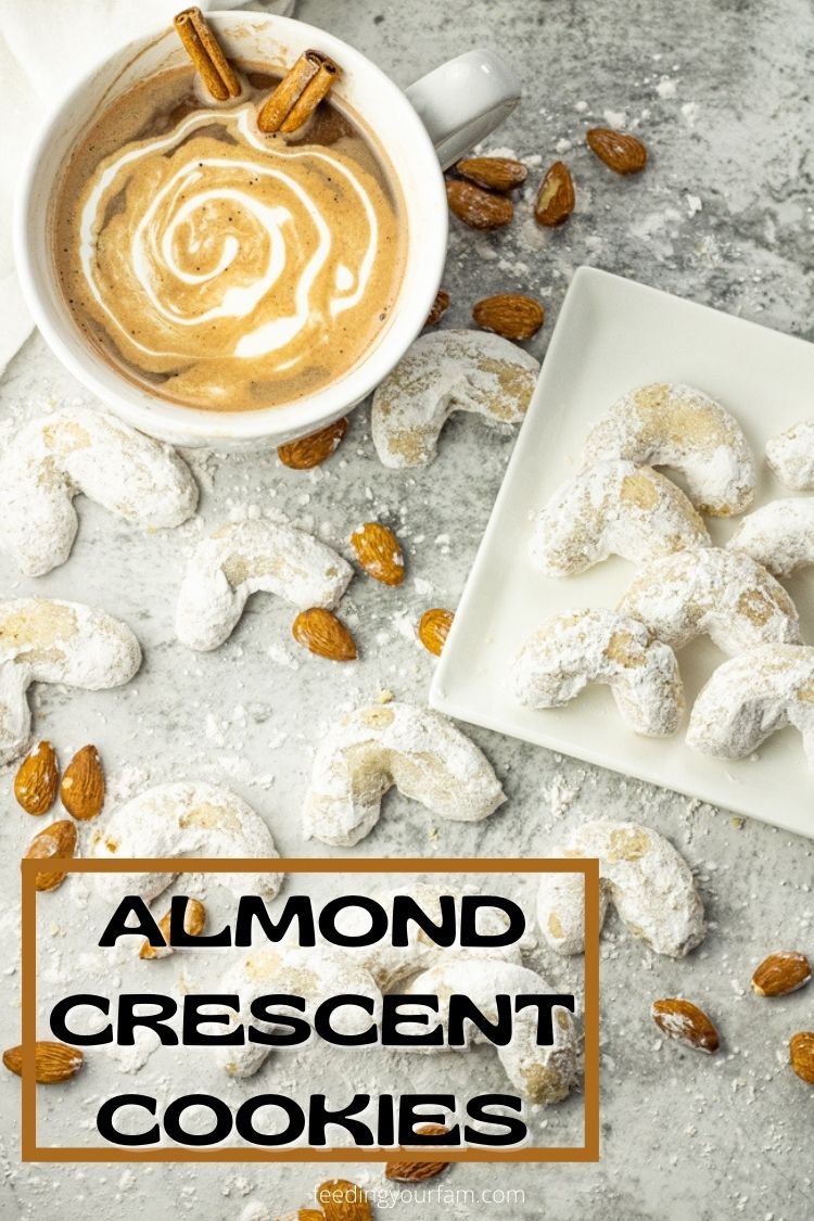 Almond Crescent Cookies are buttery, crunchy, almond cookies coated in powdered sugar. #almondcookies #almondcrescentcookies