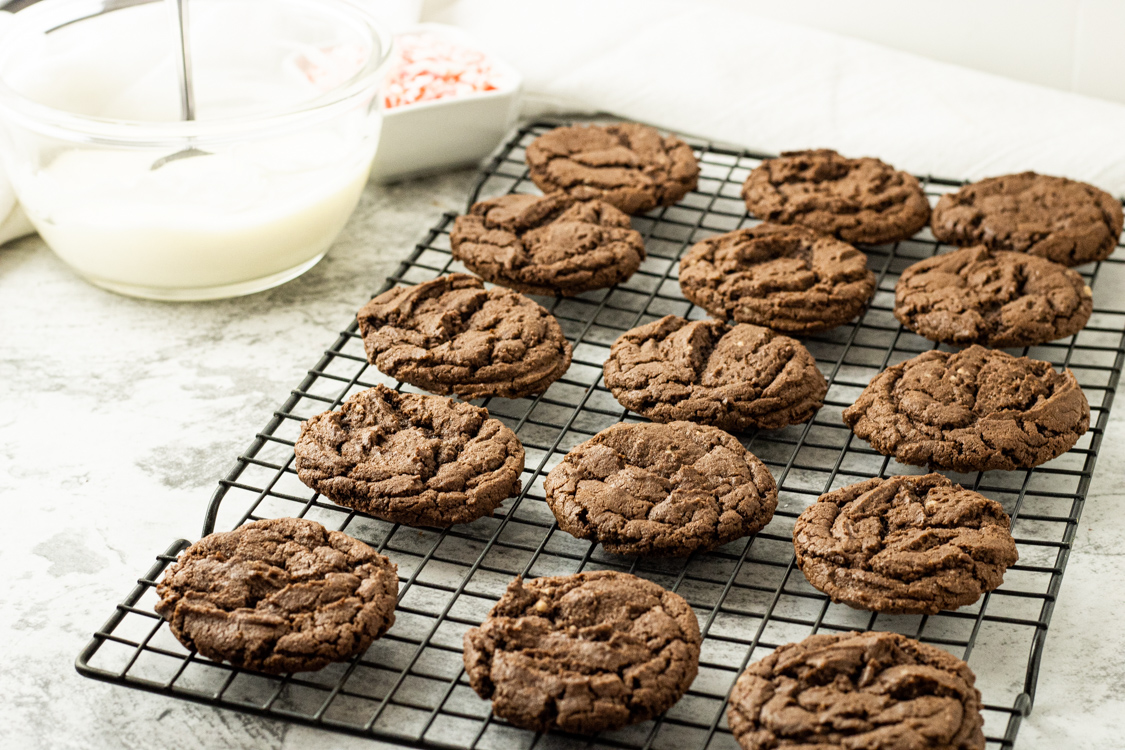 chocolate cake mix cookies on a cooling rack