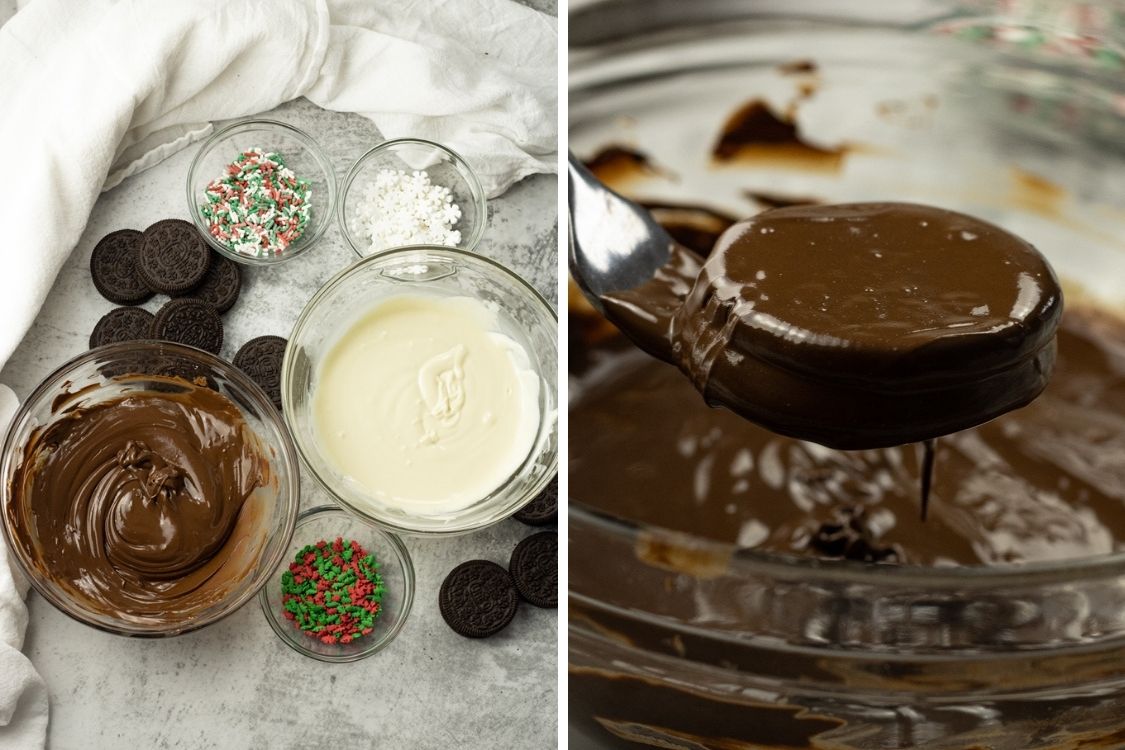split image one side with oreos and melted white and dark chocolate, the other side has a fork lifting out a chocolate dipped oreo