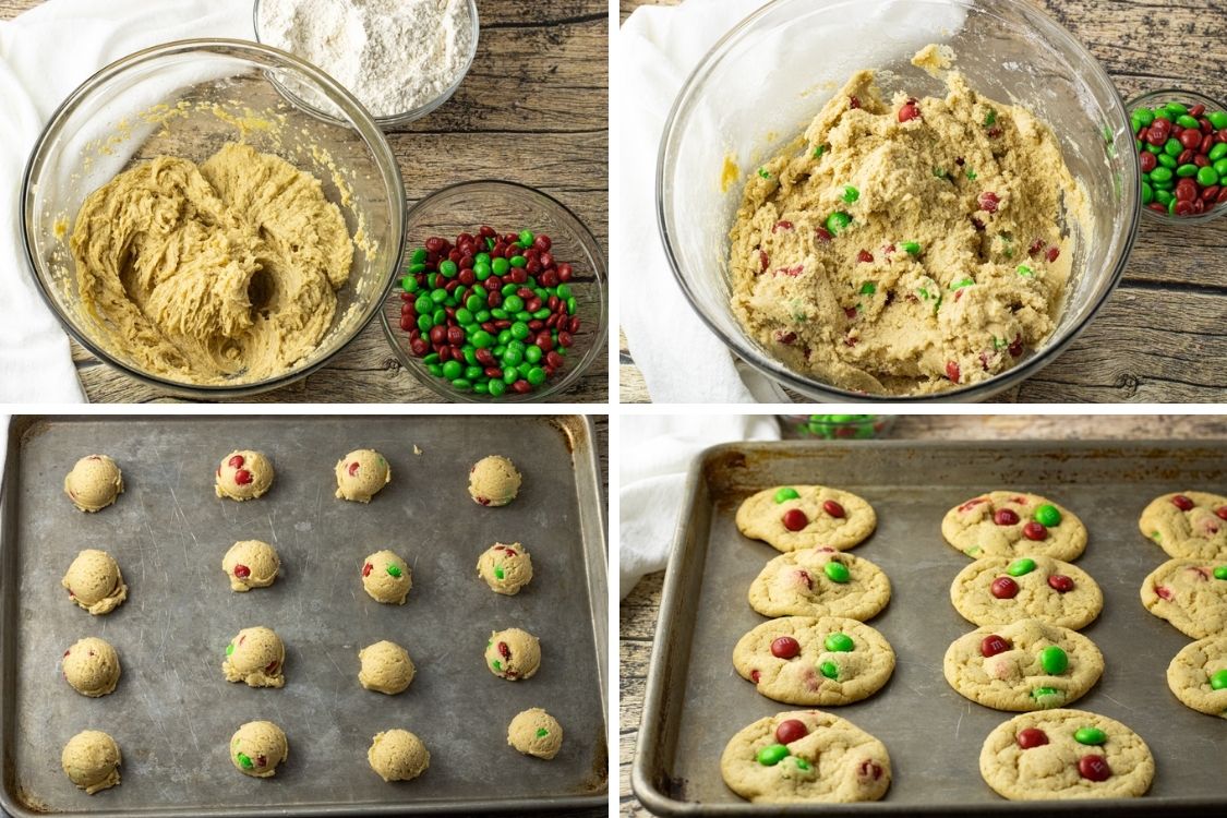 collage of steps to cook M & M cookies