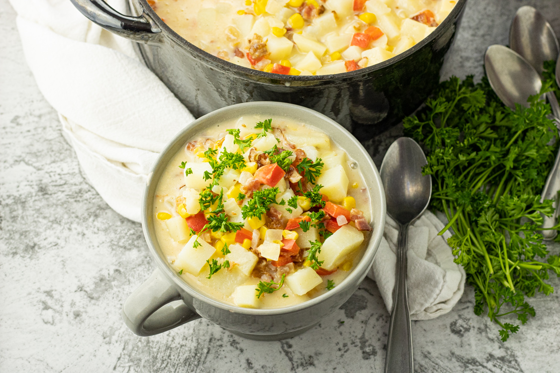 bowl of bacon corn potato chowder
