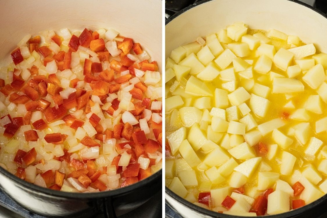 peppers and onions in a pan alongside potatoes covered in water