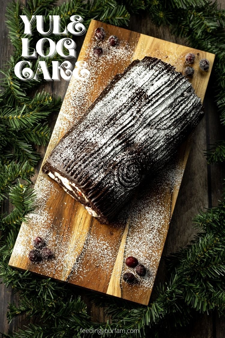 Yule Log Cake is a chocolate rolled cake layered with peppermint frosting and rich chocolate ganache frosting. Perfect for serving a crowd!