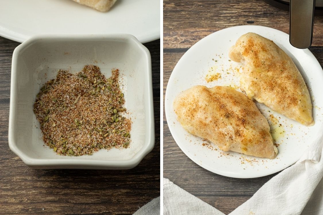 two images, one of mixed spices, the other of frozen chicken seasoned with the spices