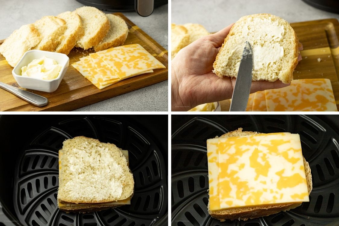 collage of steps to making a grilled cheese in an air fryer