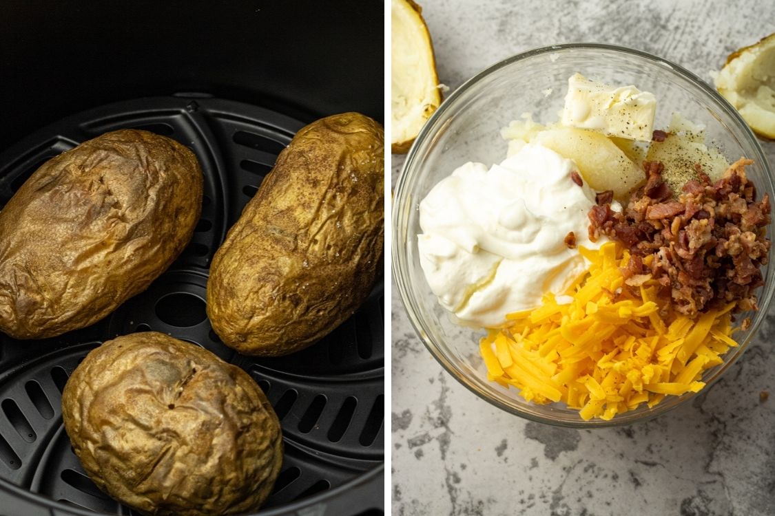 side by side video of air fryer baked potatoes and ingredients for twice baked potatoes