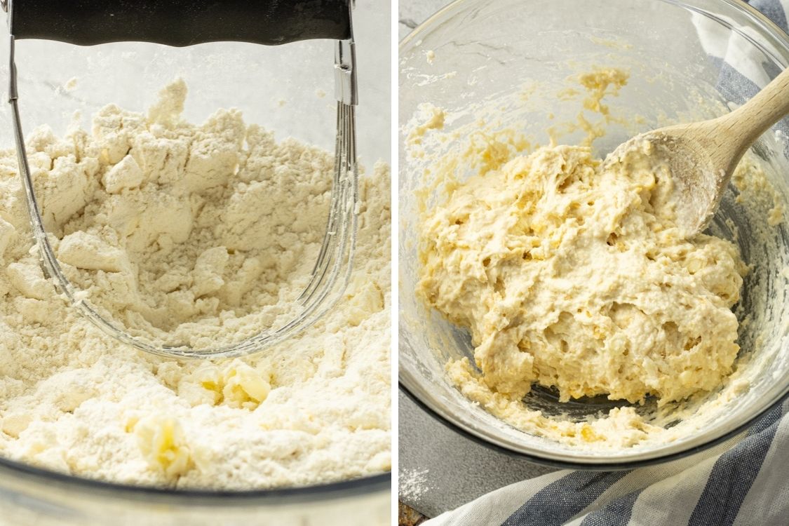 split image of mixing butter with flour and biscuit dough