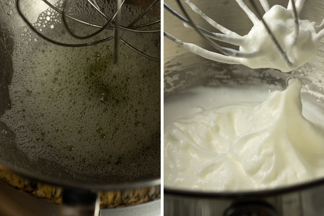 split image of foamy egg whites and white egg whites