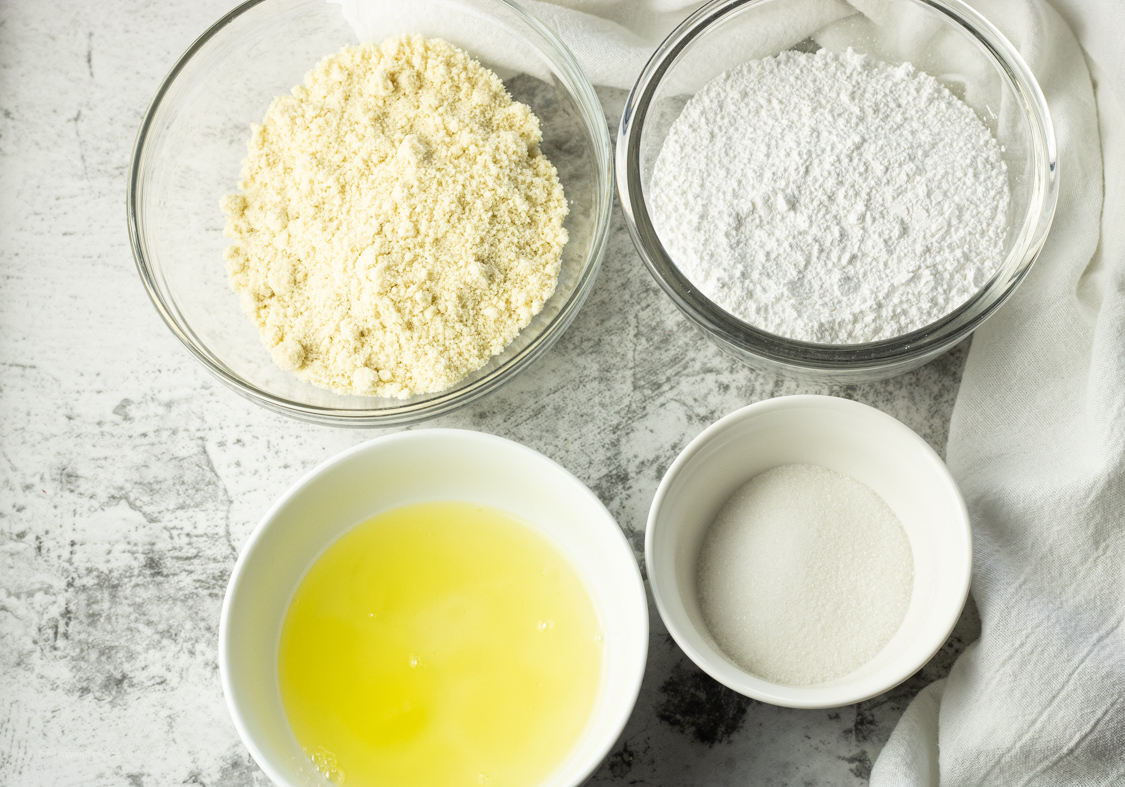 ingredients for macarons in glass bowls