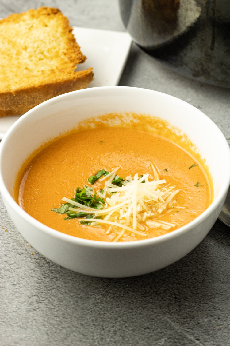 creamy tomato soup in a white bowl