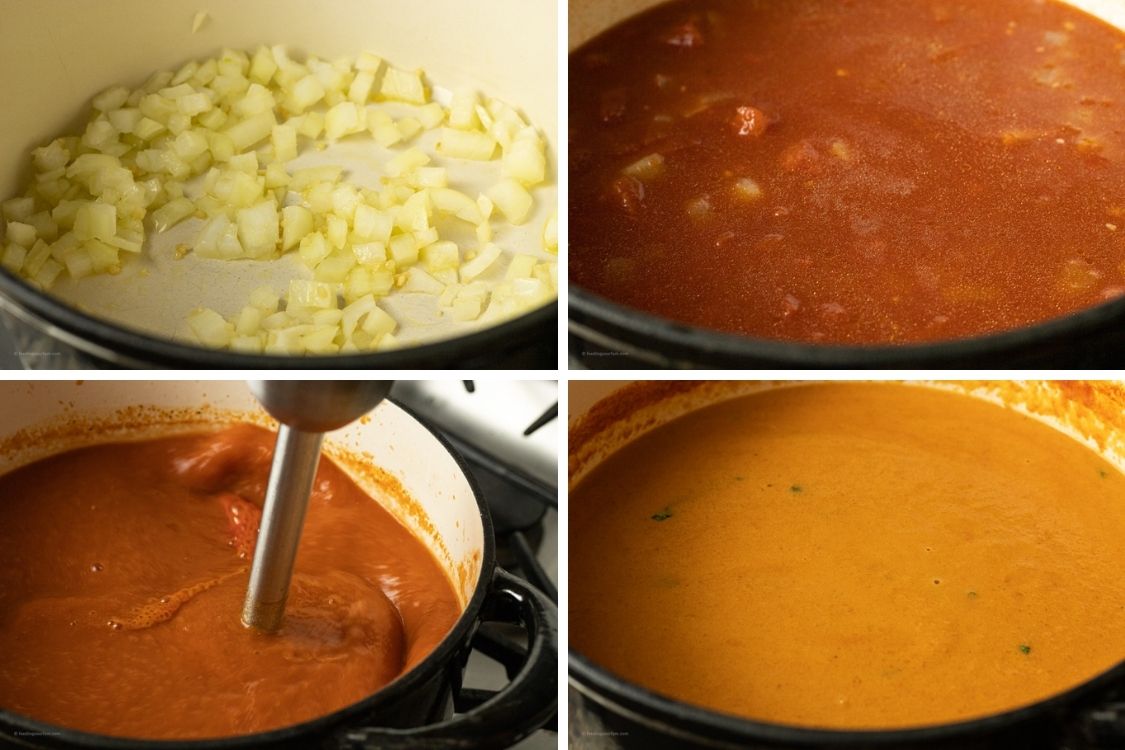 collage of steps to make tomato soup, cooking onions, tomatoes