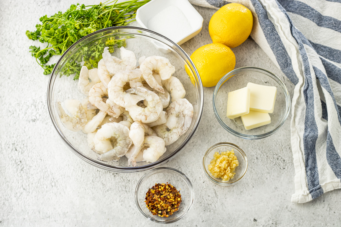 easy lemon shrimp ingredients, shrimp, butter, garlic and red pepper flakes