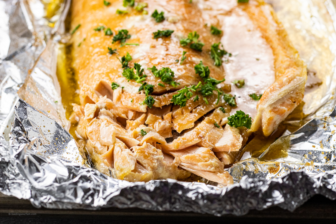 flaked salmon on foil