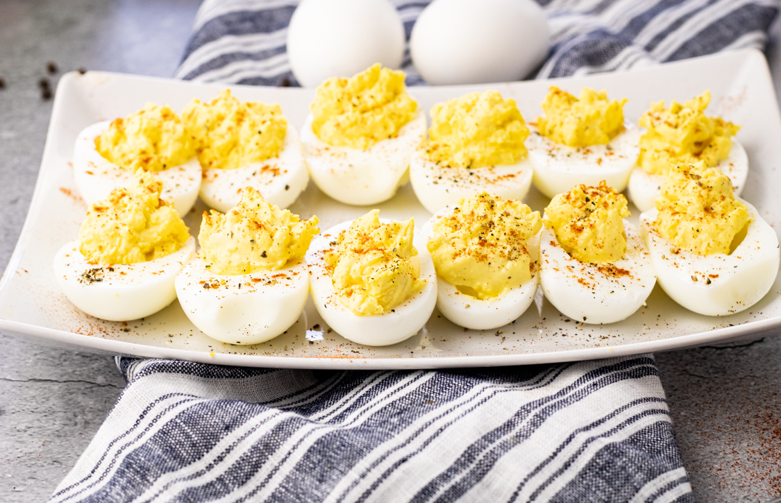 plate of halved egg whites stuffed with egg yolks