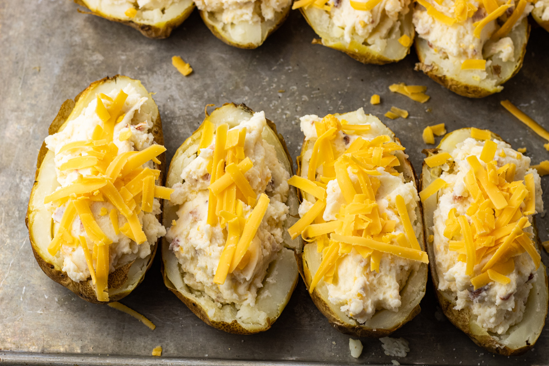 potato skins stuffed with mashed potatoes and cheese