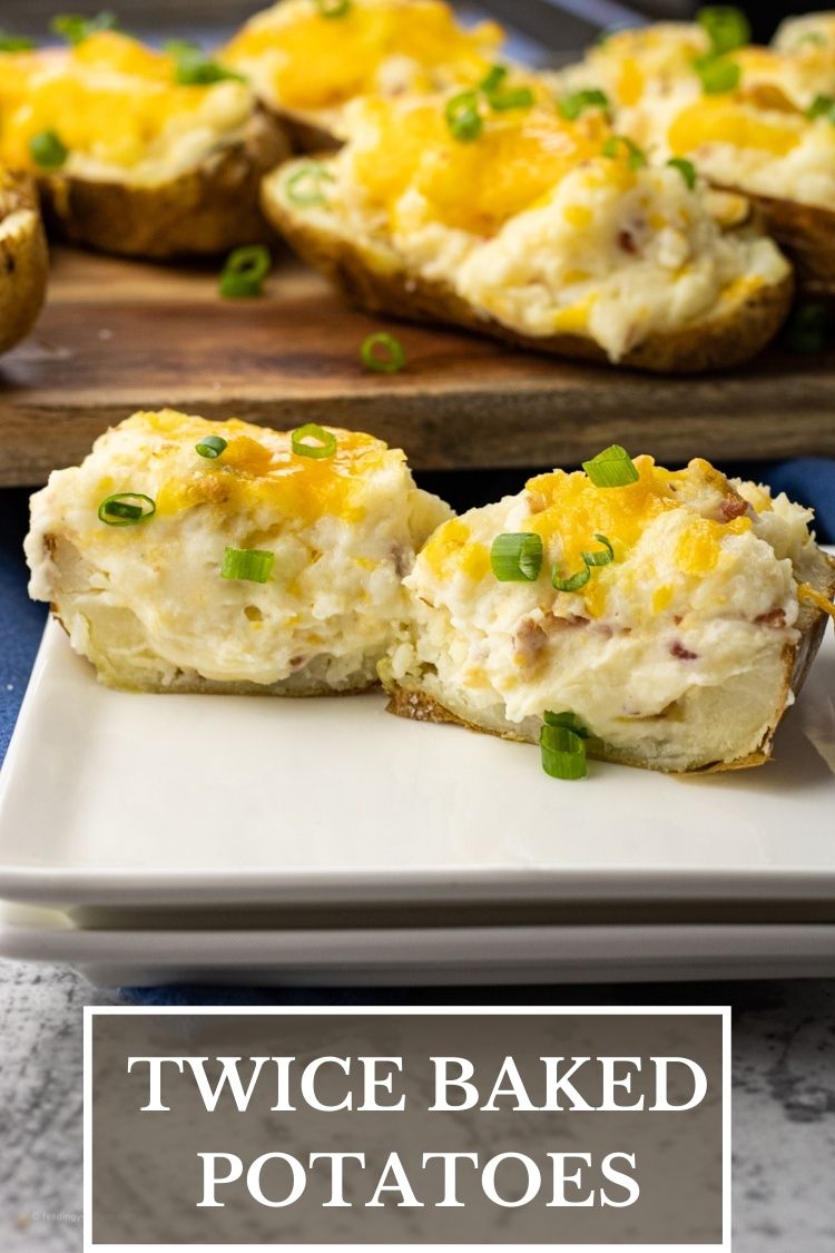 Twice Baked Potatoes are creamy mashed potatoes with cheese and bacon topped with melted cheddar cheese. Perfect as a side dish, appetizer or even main dish!