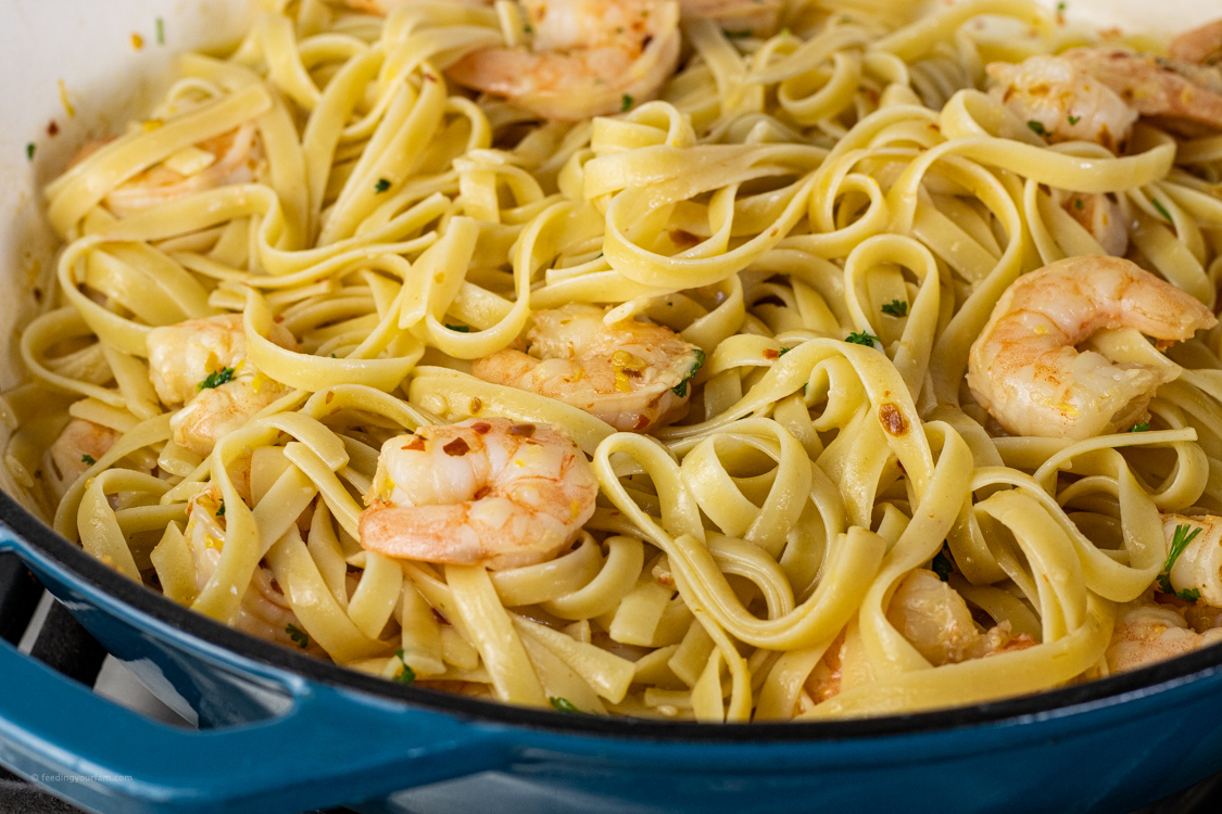 pasta with shrimp in a pan