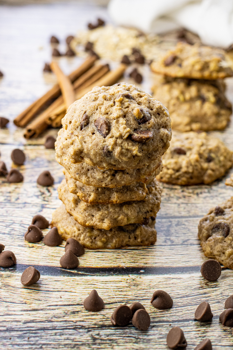 stack of chocolate chip and banana cookies