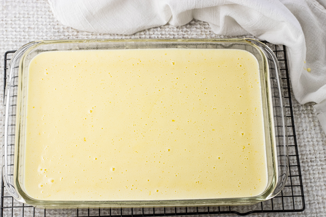 lemon custard in a baking dish to make lemon bars