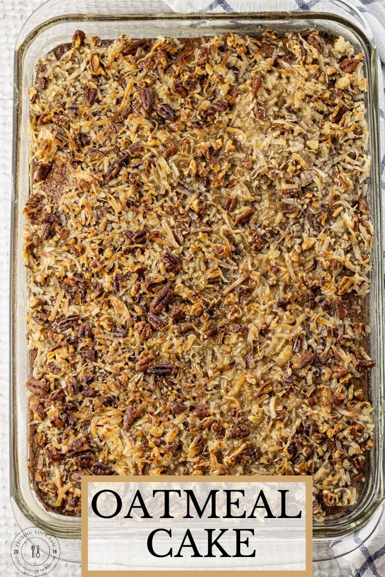This delicious Oatmeal Cake is moist, full of flavor and perfect for any get together with the fam. Oatmeal Cake is made with oatmeal, seasoned with cinnamon and topped with a delicious, caramely, crunchy coconut, pecan topping.