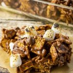chocolate covered Golden Grahams cereal with toasted marshmallows on top