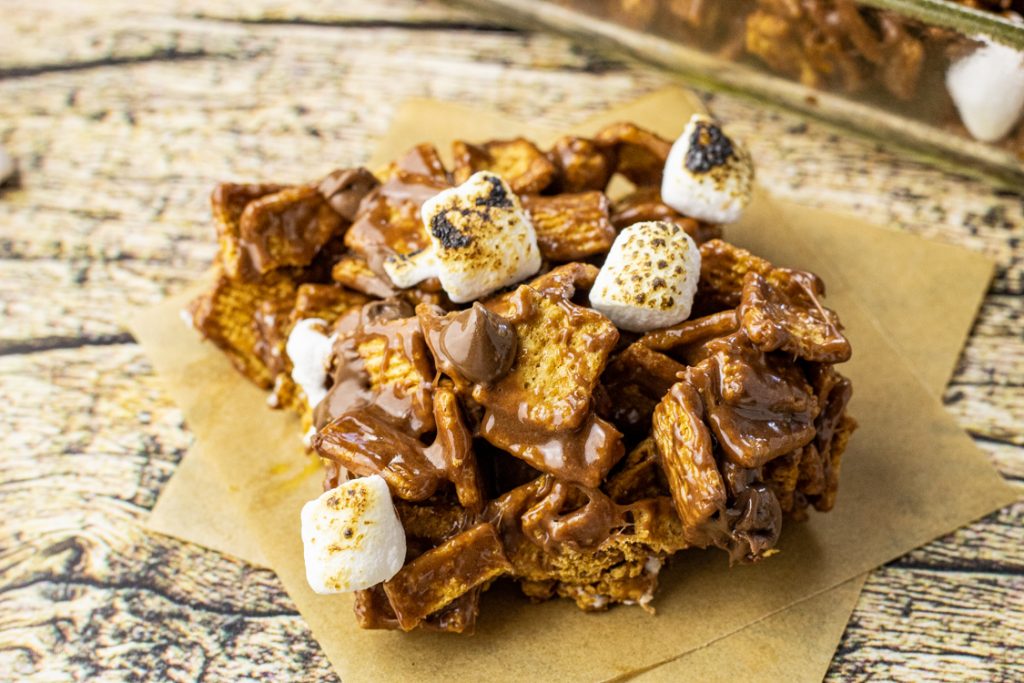 toasted marshmallows on top of chocolate covered golden grahams
