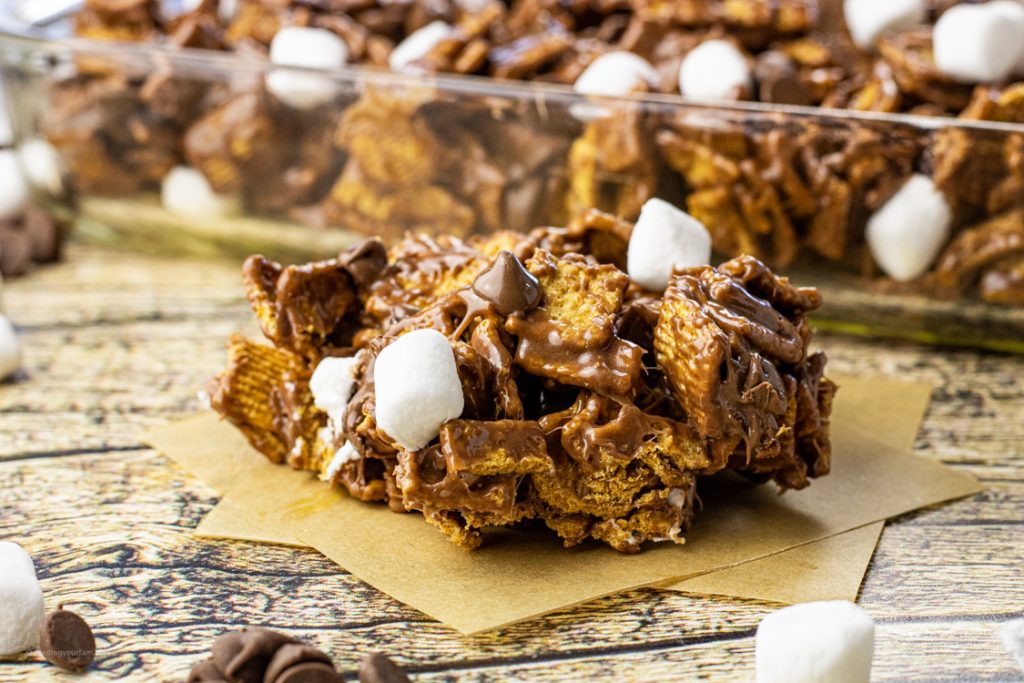 chocolate covered Golden Grahams cereal with marshmallows