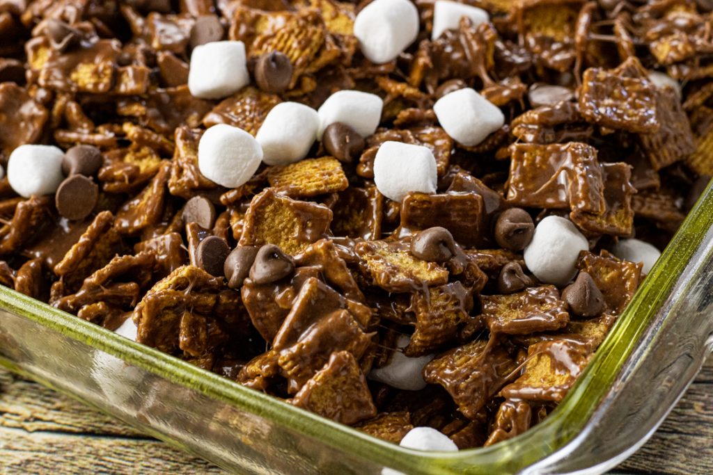 up close image of chocolate covered golden grahams with mini marshmallows