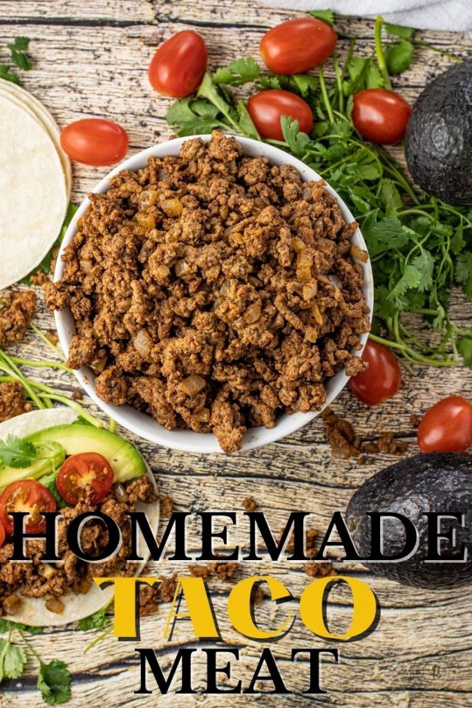 image of ground beef taco meat with the words homemade taco meat on the image. 