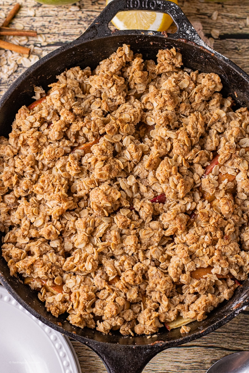 Apple Crips is a super simple dessert that is full of delicious apples topped with a crunchy, buttery oat topping. This Apple Crisp with Oats recipe is perfect for a quick dessert that will serve the whole family. Apple Crisp is so easy to make, you will be coming back to this recipe time and time again.