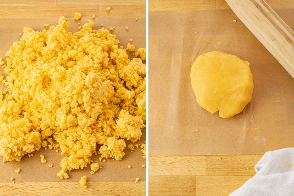 split image of cheese cracker dough crumbled and then formed into a smooth ball.