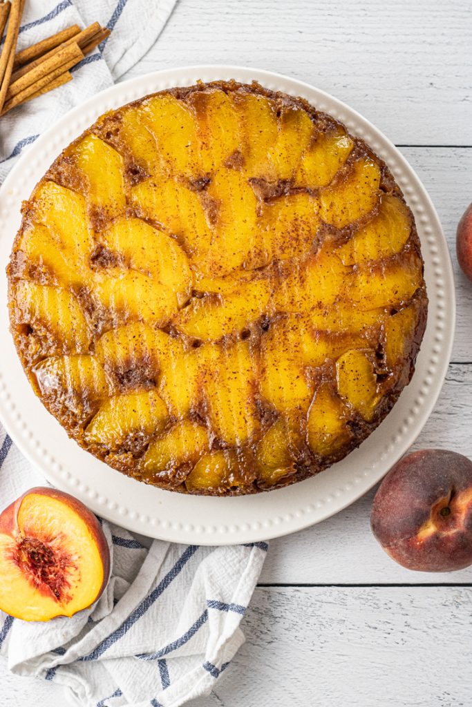 upside down peach cake recipe made with fresh peaches and a cake mix. 