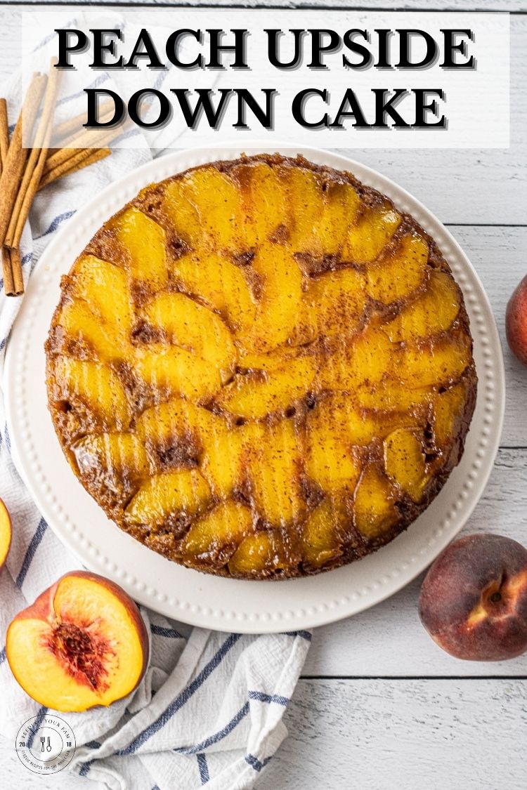 Peach Upside Down Cake is made with fresh peaches layered in a butter and brown sugar covered pan, then topped with a simple cake mix cake for a moist, delicious and easy dessert. This Peach Upside Down Cake recipe is perfect for a summer BBQ or a Fall family gathering. So easy to make, everyone will think you were in the kitchen all day.