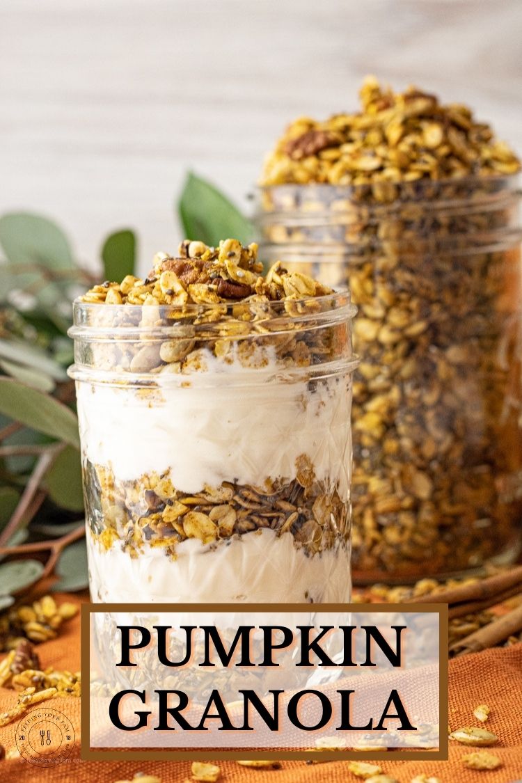 Pumpkin Granola is loaded up with oats, pumpkin seeds, chia seeds and pecans all flavored perfectly with some pumpkin puree and spice. This pumpkin granola recipe is so easy to throw together and is delicious layered with some vanilla yogurt.