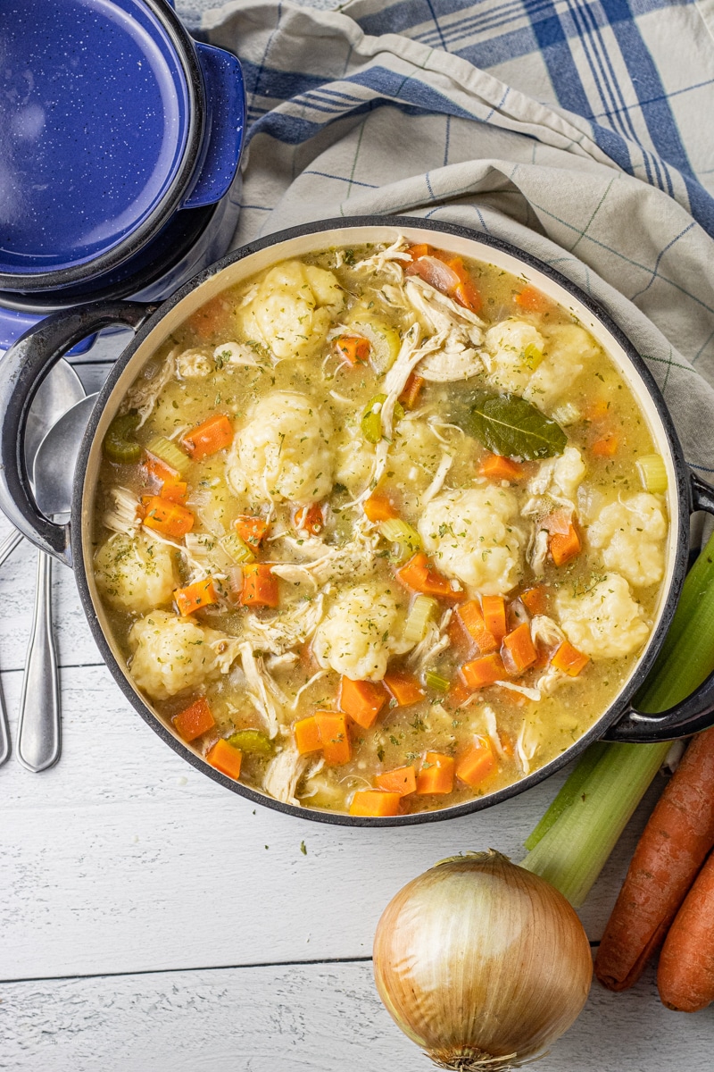 big pot of chicken dumpling soup