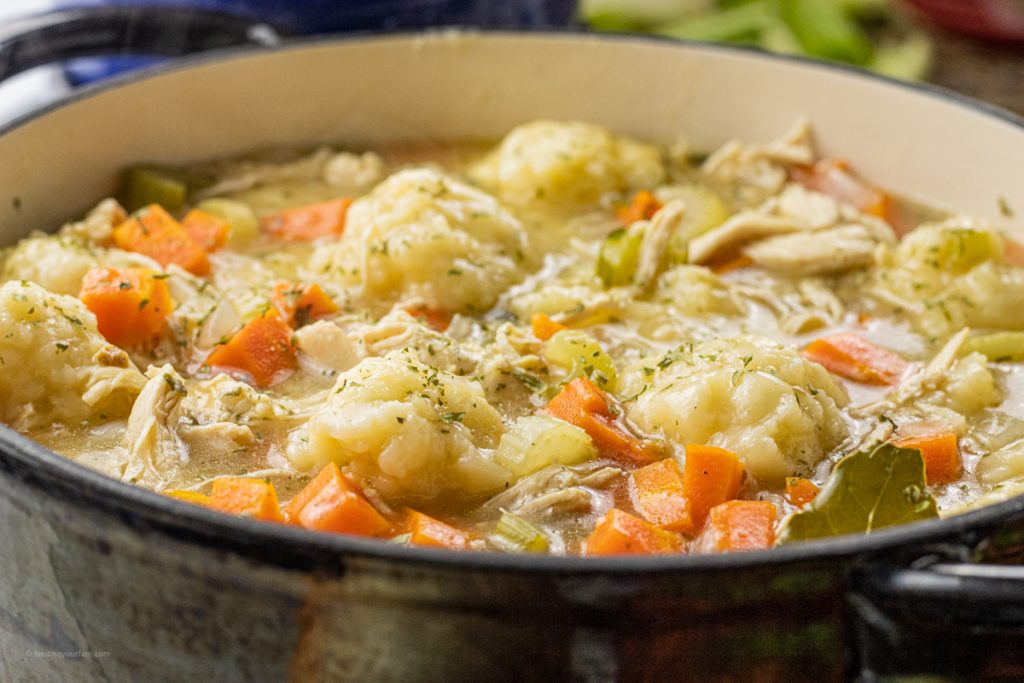 Big pot of chicken soup and dumplings