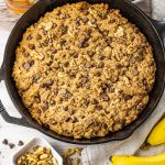 cast iron pan with chocolate chip walnut banana bread