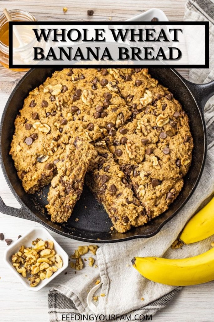cast iron pan of chocolate chip banana bread