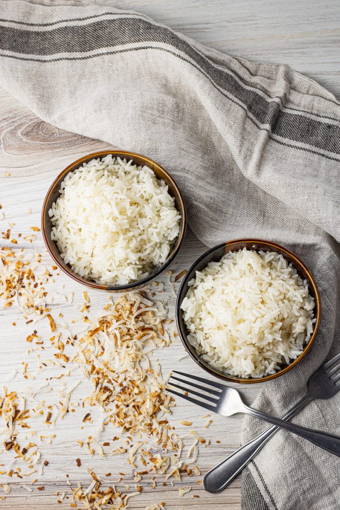 two small bowls filled with coconut rice