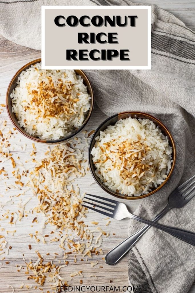 two small bowls filled with coconut rice topped with browned coconut
