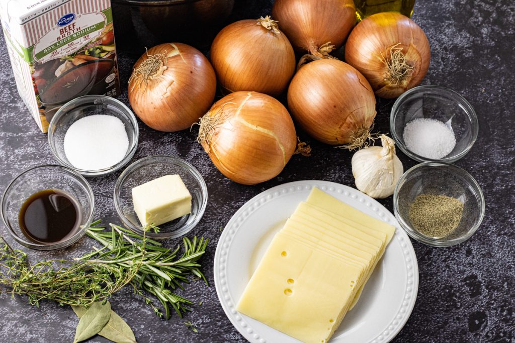 onions, salt, pepper, sugar, Worcestershire, butter, thyme, rosemary, bay leaves, onion and swiss cheese