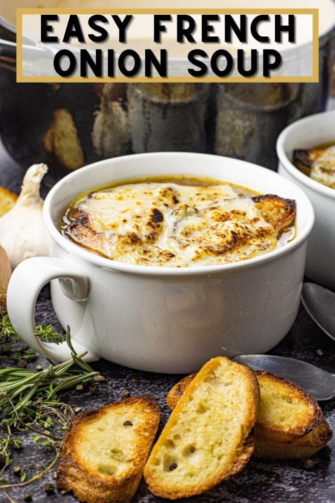 slices of bread in front of a bowl of onion soup