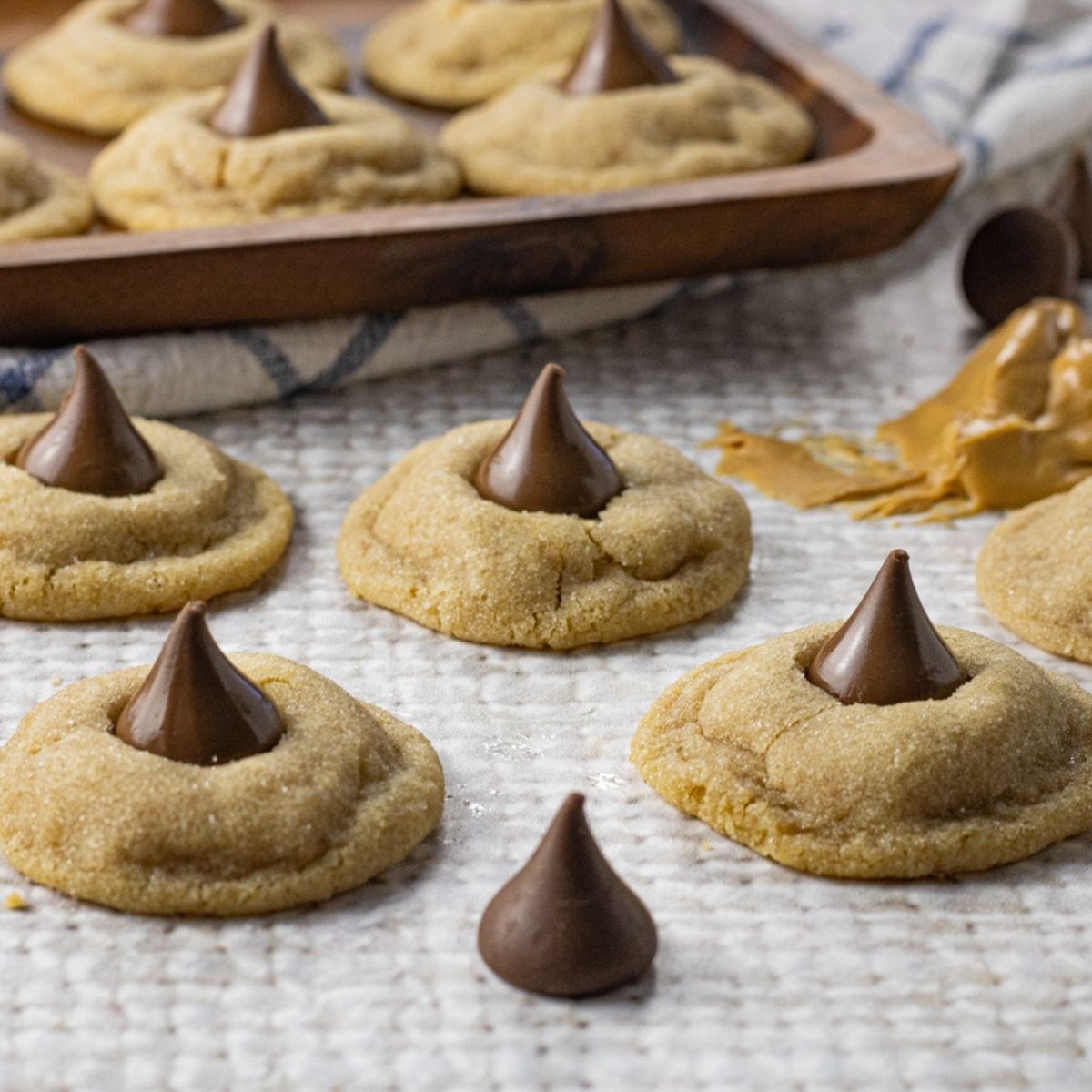 peanut butter cookies topped with chocolate kiss candies